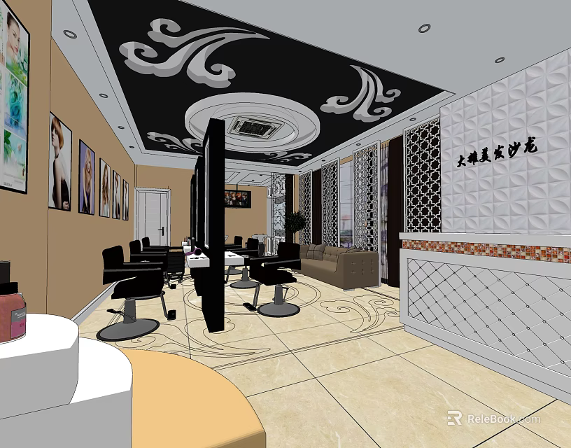 Elegant Beauty Hair Salon Interior With Styling Chairs And Reception Counter And Decorative Ceiling 3d model 