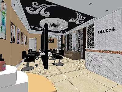 Elegant Beauty Hair Salon Interior With Styling Chairs And Reception Counter And Decorative Ceiling 3d model