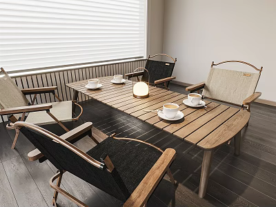 Modern Wooden Dining Table Set With Four Chairs Tea Cups And Lamp In Indoor Space 3d model