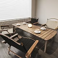 Modern Wooden Dining Table Set With Four Chairs Tea Cups And Lamp In Indoor Space