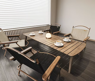 Modern Wooden Dining Table Set With Four Chairs Tea Cups And Lamp In Indoor Space 3d model