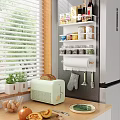 Kitchen Utensils Storage Rack With Spice Jars Toaster Green Plants And Window Blinds