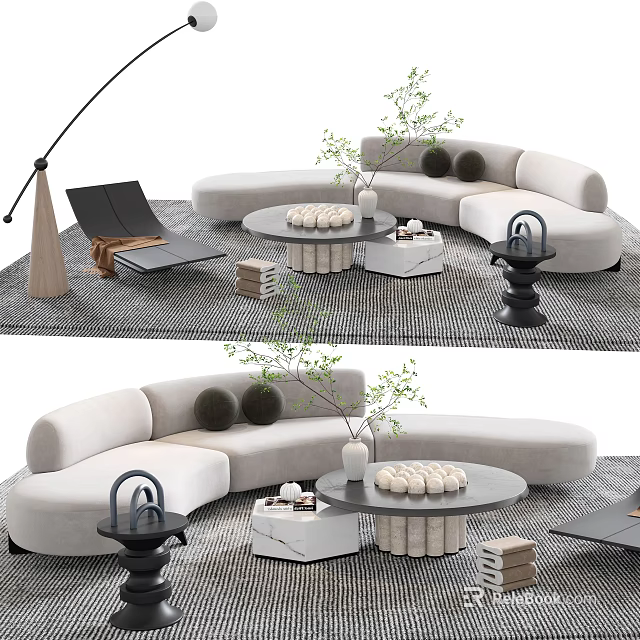 Modern Curved Sofa Coffee Table Set With Decorative Pillows Potted Plants And Textured Rug 3d model 