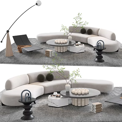 Modern Curved Sofa Coffee Table Set With Decorative Pillows Potted Plants And Textured Rug 3d model