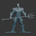 Blue Muscular Humanoid Figure Holding Trident With Root Like Feet