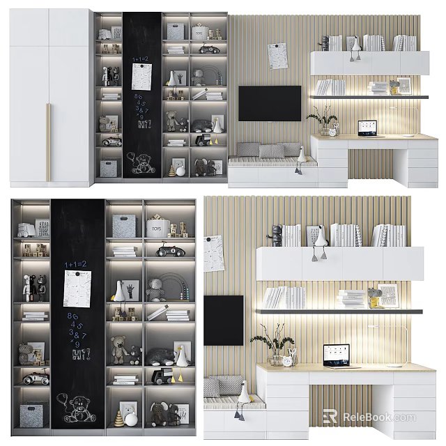 Modern Bookcase Interior Design With Open Wooden Shelves And Decorative Books 3d model 