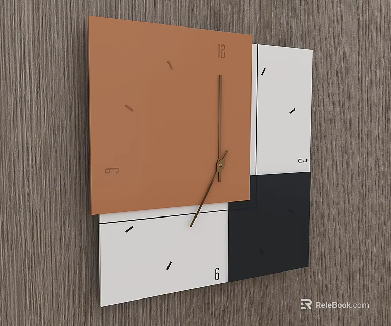 Modern Wall Clock With Color Block Design On Wooden Wall 3d model 