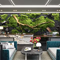 Hotel Lobby Interior With Green Moss Wall Wooden Accents Blue Sofas And Marble Coffee Table