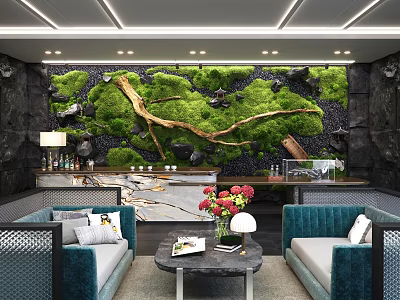 Hotel Lobby Interior With Green Moss Wall Wooden Accents Blue Sofas And Marble Coffee Table 3d model