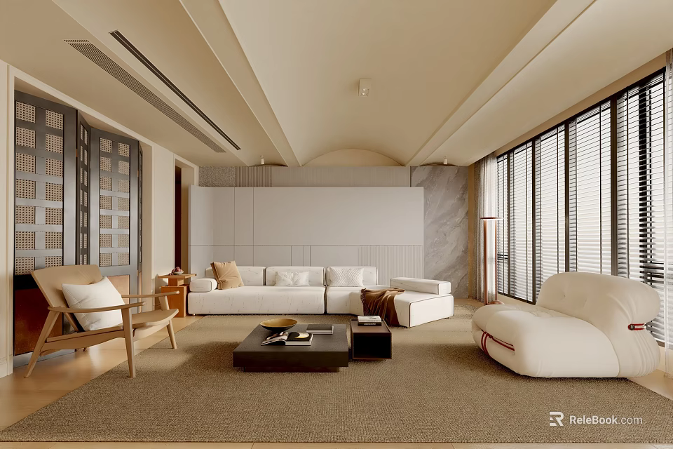 Modern Living Room Interior With White Sectional Sofa Accent Chair Coffee Table And Slatted Windows 3d model 