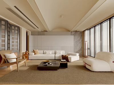Modern Living Room Interior With White Sectional Sofa Accent Chair Coffee Table And Slatted Windows 3d model