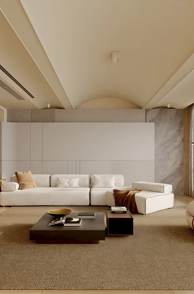 Modern Living Room Interior With White Sectional Sofa Accent Chair Coffee Table And Slatted Windows 3d model