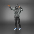 Game Movie Character In Wolf Mask Plaid Shirt Standing With Black Pants And Blue Shoes