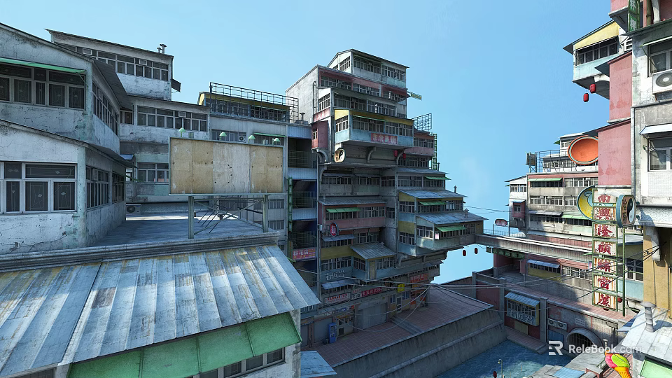 Dense Old Residential Buildings With Multiple Colorful Balconies And Drying Clothes 3d model 