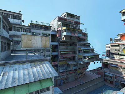 Dense Old Residential Buildings With Multiple Colorful Balconies And Drying Clothes 3d model