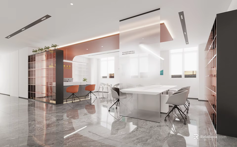 Modern Public Office Space With Open Design Glass Partitions Workstations And Indoor Plants 3d model 
