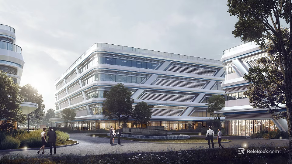 Modern Industrial Factory Building Exterior Design With Glass Curtain Wall And Landscaped Surroundings 3d model 