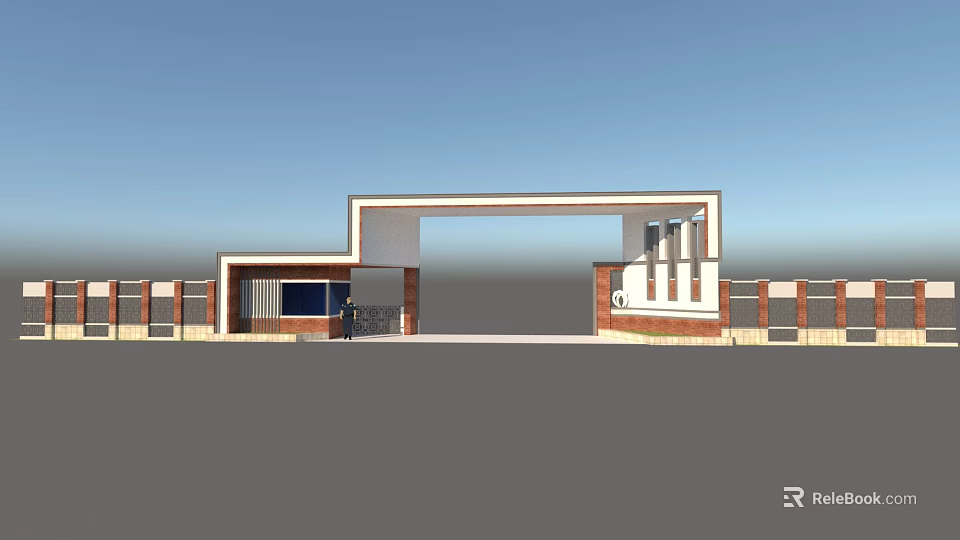 Modern Entrance Gate Design Featuring Brick Walls And White Frame Structure 3d model