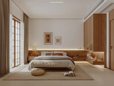 Modern Bedroom Interior With Comfortable Bed Nightstand Decorative Art Wooden Wardrobe And Soft Lighting 3d model