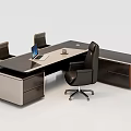 Contemporary Work Desk With Wooden Surface Metal Frame Ergonomic Chairs And Drawers