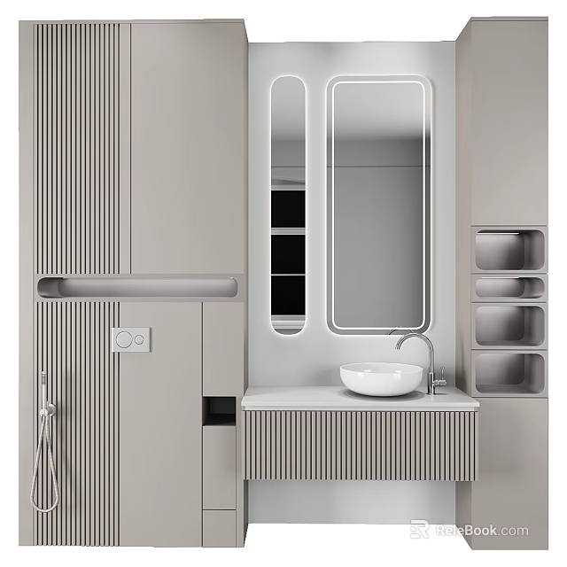 Contemporary Bathroom Vanity Design With Rectangular Mirror Stripped Wall White Countertop And Chrome Faucet 3d model
