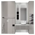 Contemporary Bathroom Vanity Design With Rectangular Mirror Stripped Wall White Countertop And Chrome Faucet 3d model