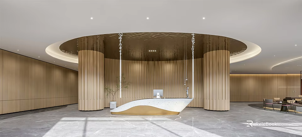Modern Front Desk Interior With Circular Wooden Structure White Counter Elegant Lighting And Marble Floor 3d model 