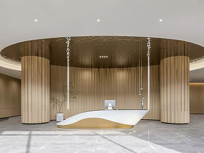 Modern Front Desk Interior With Circular Wooden Structure White Counter Elegant Lighting And Marble Floor 3d model