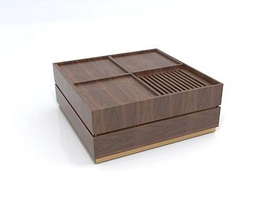 Stylish Walnut Coffee Table With Layered Compartments And Gold Base 3d model