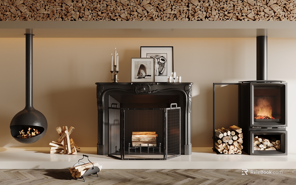 Elegant Black Fireplace In Living Room With Firewood And Decor 3d model 