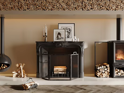 Elegant Black Fireplace In Living Room With Firewood And Decor 3d model