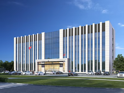 Modern Office Building With Glass Facade Flag Parking Area And Green Exterior 3d model