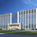 Modern Office Building With Glass Facade Flag Parking Area And Green Exterior