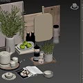 Modern Kitchenware Display With White Teapot Green Apples Coffee Maker And Wooden Cutting Boards