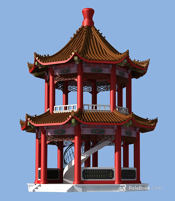 Traditional Chinese Pagoda With Red Pillars Multi Tiered Roof And Curved Eaves 3d model 