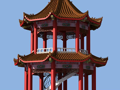 Traditional Chinese Pagoda With Red Pillars Multi Tiered Roof And Curved Eaves 3d model