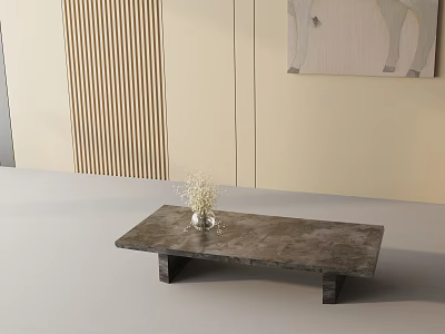 Modern Stone Dining Table With Black Legs And Dried Flower Vase On Vertical Slat Wall 3d model