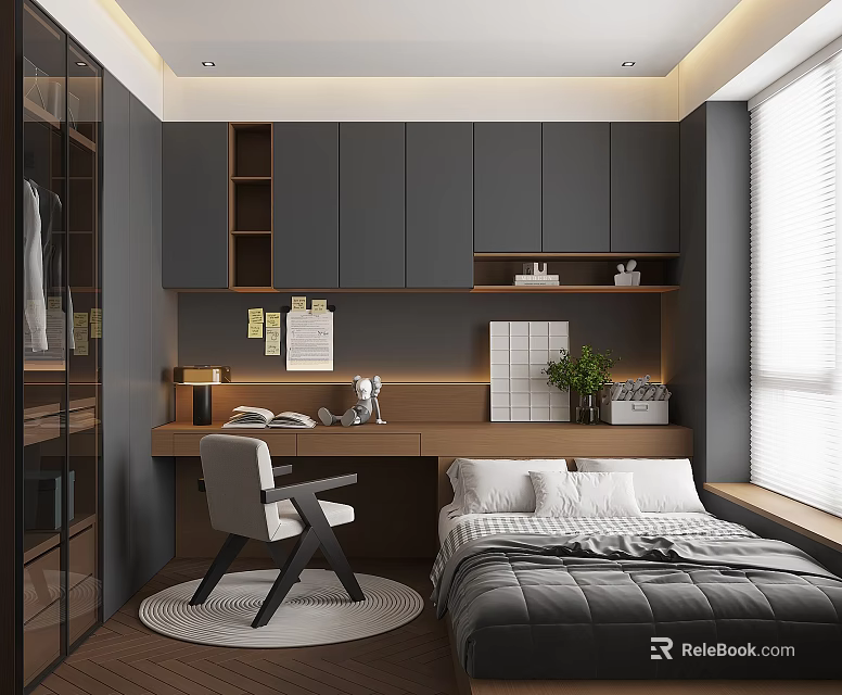Tatami Bedroom Modern Interior Design With Cabinet Desk Chair And Green Plant 3d model 
