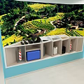 Tobacco And Alcohol Store Display Cabinet With Colorful Bottles And Scenic Village Background