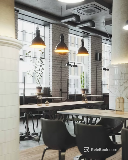 Industrial Style Café Interior With Pendant Lights Large Windows Brick Walls Wooden Tables and Green Plants 3d model 
