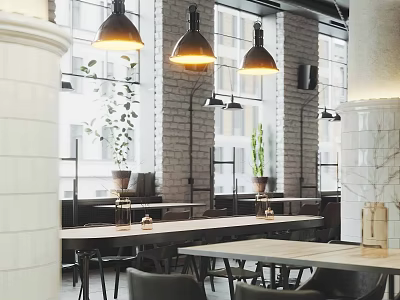 Industrial Style Café Interior With Pendant Lights Large Windows Brick Walls Wooden Tables and Green Plants 3d model