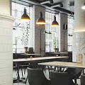 Industrial Style Café Interior With Pendant Lights Large Windows Brick Walls Wooden Tables and Green Plants