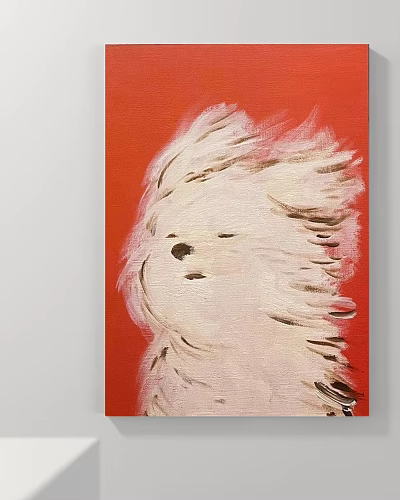 Abstract White Fluffy Animal Painting On Red Canvas Background Artwork 3d model