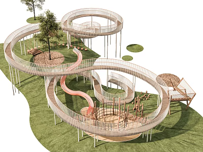 Modern Park Landscape Design With Spiral Walkways Green Grass And Trees 3d model