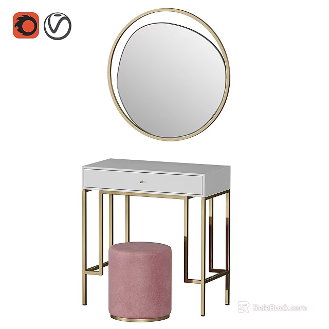 Stylish Modern Dressing Table With Round Gold Frame Mirror And Pink Velvet Stool 3d model 