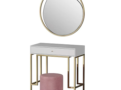 Stylish Modern Dressing Table With Round Gold Frame Mirror And Pink Velvet Stool 3d model