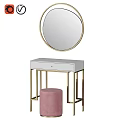 Stylish Modern Dressing Table With Round Gold Frame Mirror And Pink Velvet Stool