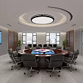 Modern Spacious Conference Room With Round Wooden Table Ergonomic Office Chairs And Dual Large Screens