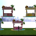 Colorful Decorated Market Stalls With Awnings Palm Trees And Cartoon Elements