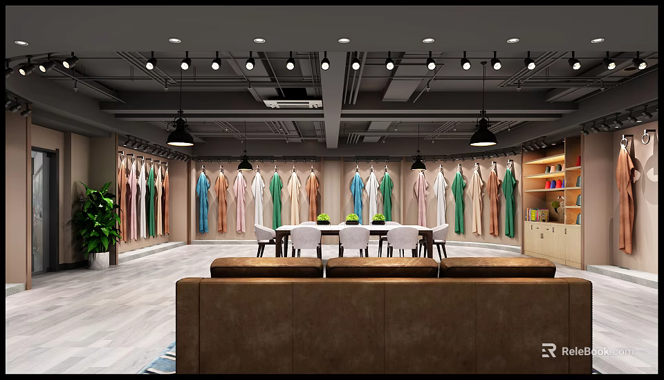 Modern Clothing Showroom Interior With Colorful Garments Seating And Spotlights 3d model 
